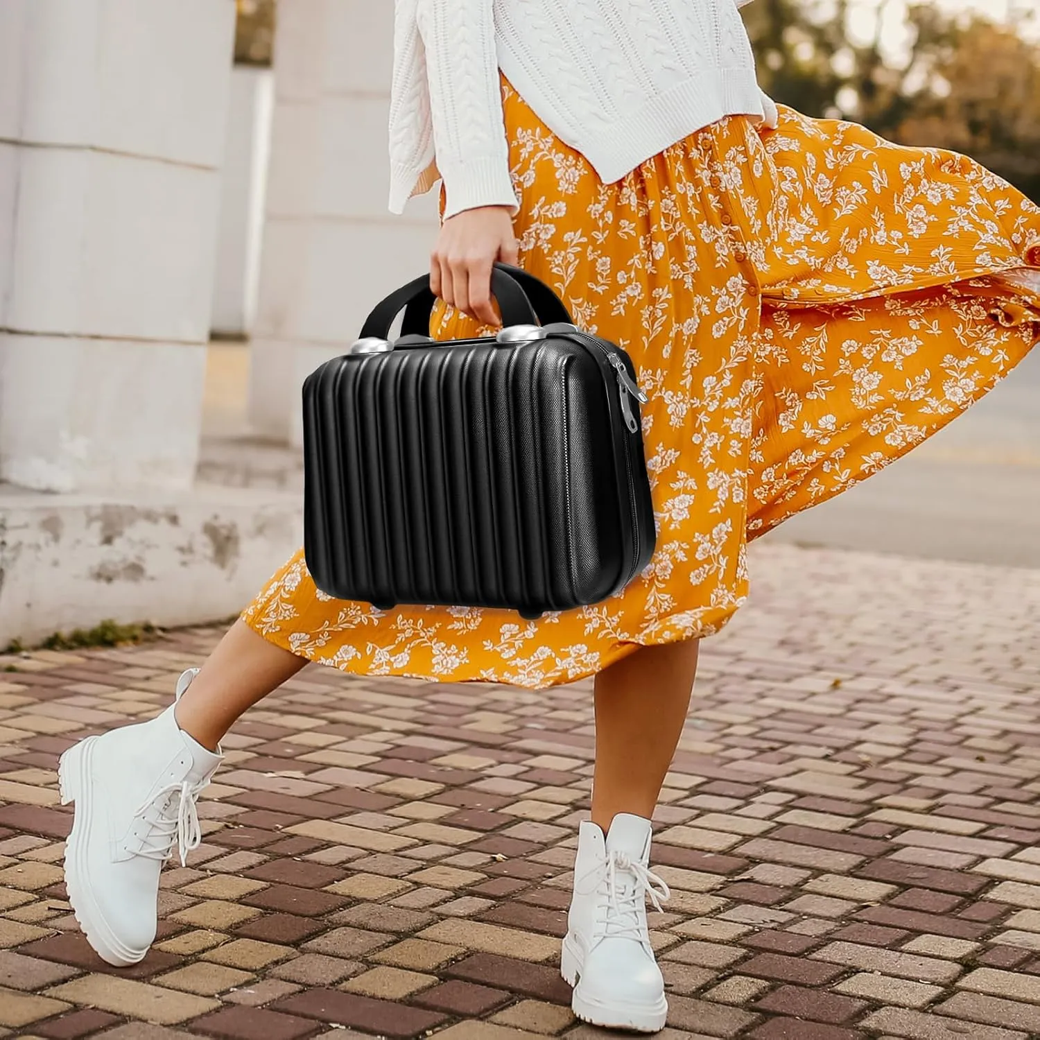 Makeup Travel Case 11 inch Hard Shell Cosmetic Organizer Bag Small Portable Make up Train Hand Luggage with Elastic Strap ABS Mini Suitcase Gifts for Her.