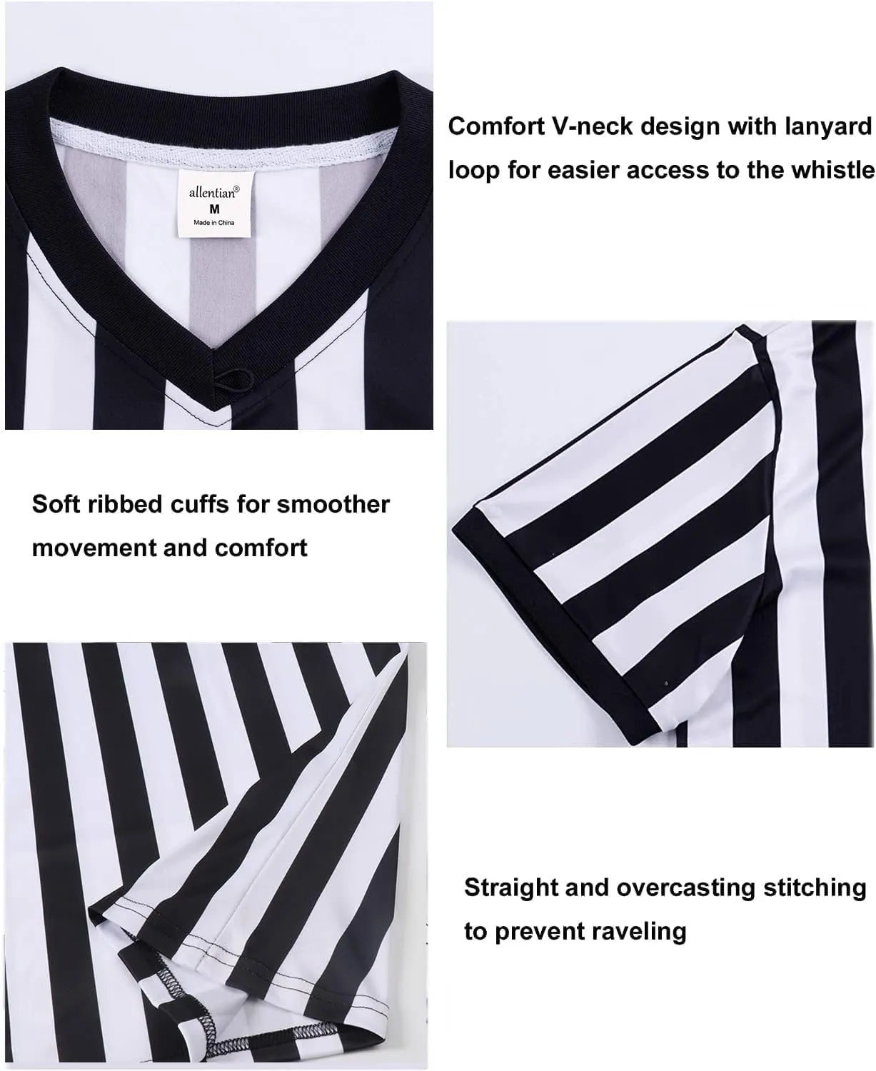 Men Referee Shirt, Black & White Stripe Referee/Umpire Jersey V-Neck Referee Uniform Basketball, Football, & Soccer
