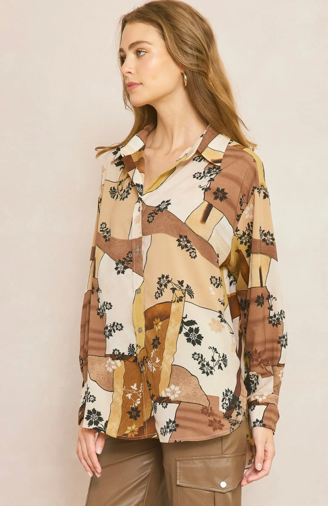 MULTI PATTERNED BUTTON DOWN BLOUSE
