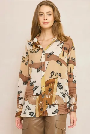 MULTI PATTERNED BUTTON DOWN BLOUSE
