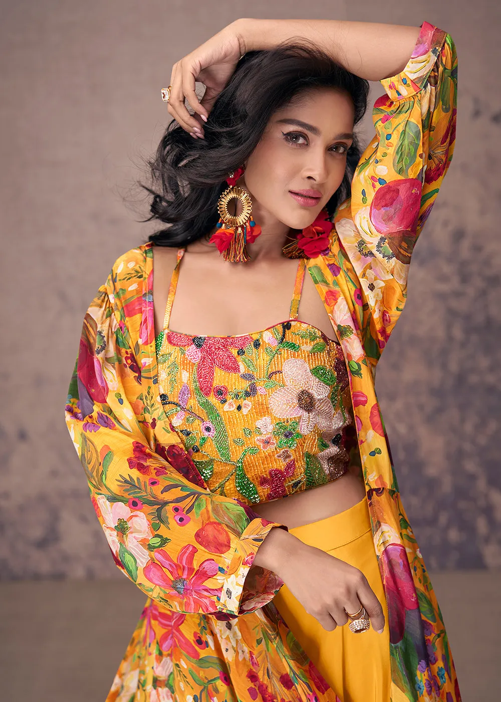 Mustard Crepe Silk Jacket Style Indo Western Dress