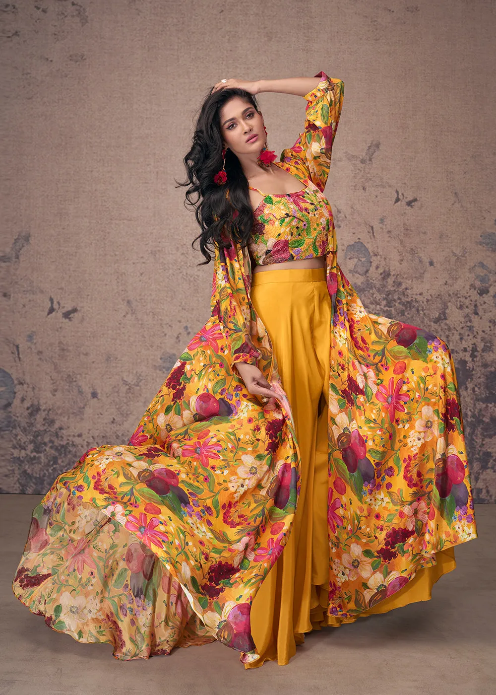 Mustard Crepe Silk Jacket Style Indo Western Dress