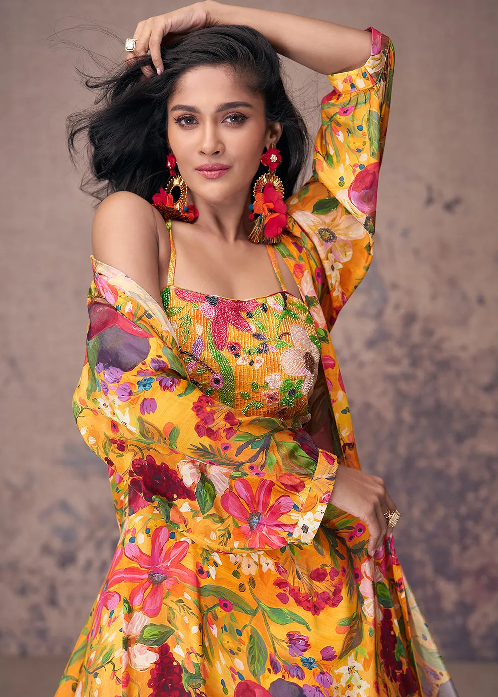 Mustard Crepe Silk Jacket Style Indo Western Dress