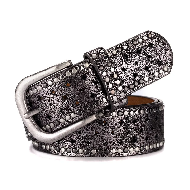 Nail Inlaid Alloy Pin Buckle Pink Belt Fashion Casual with Jeans