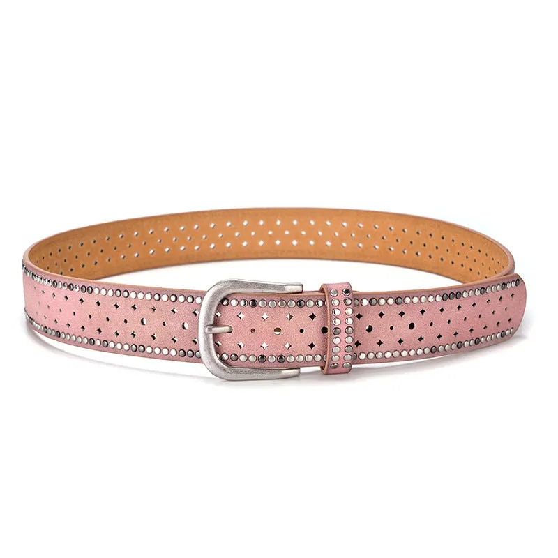 Nail Inlaid Alloy Pin Buckle Pink Belt Fashion Casual with Jeans