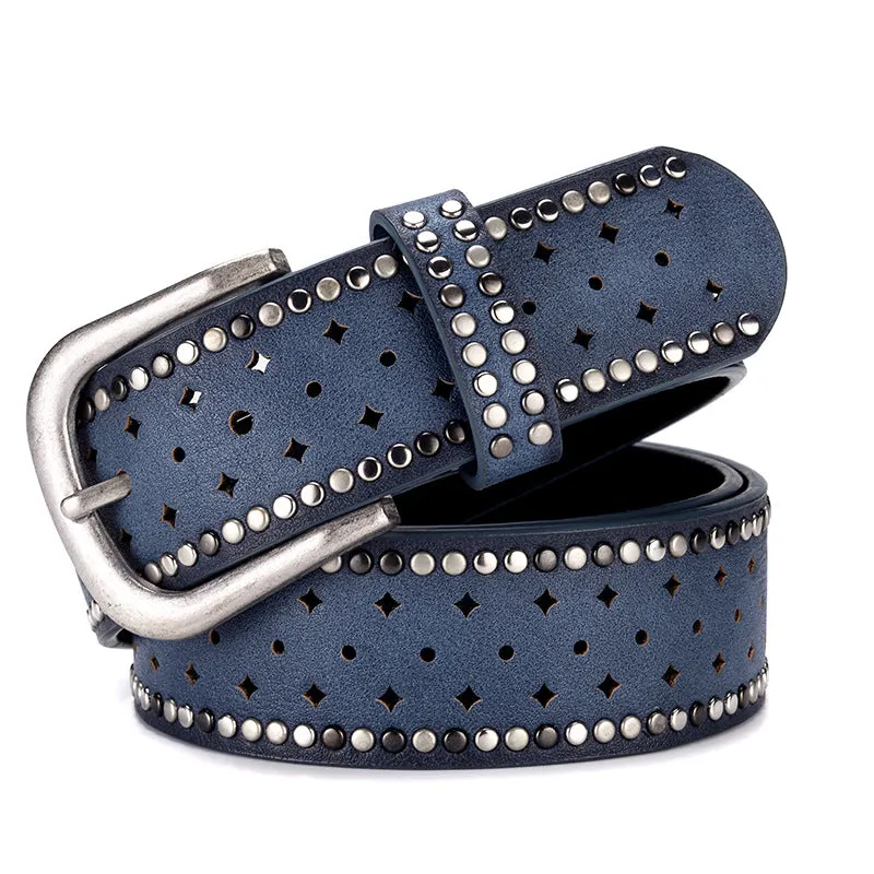 Nail Inlaid Alloy Pin Buckle Pink Belt Fashion Casual with Jeans