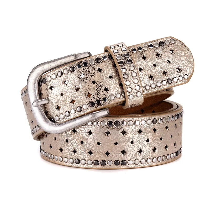 Nail Inlaid Alloy Pin Buckle Pink Belt Fashion Casual with Jeans