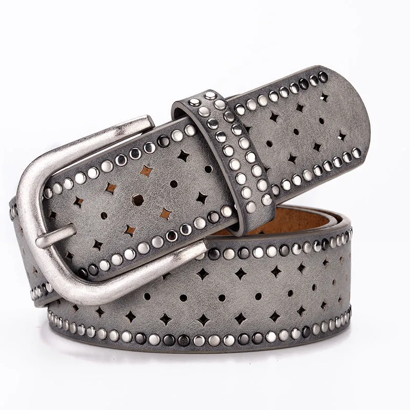 Nail Inlaid Alloy Pin Buckle Pink Belt Fashion Casual with Jeans