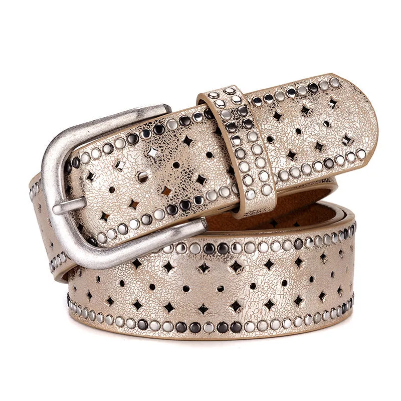 Nail Inlaid Alloy Pin Buckle Pink Belt Fashion Casual with Jeans