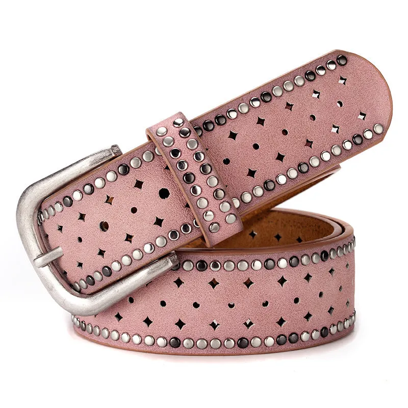 Nail Inlaid Alloy Pin Buckle Pink Belt Fashion Casual with Jeans