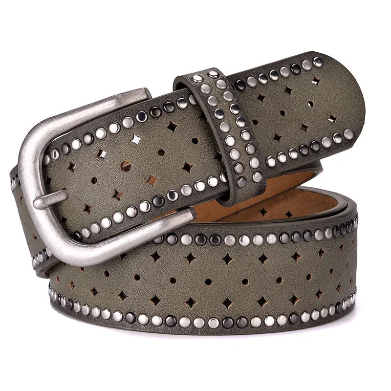 Nail Inlaid Alloy Pin Buckle Pink Belt Fashion Casual with Jeans