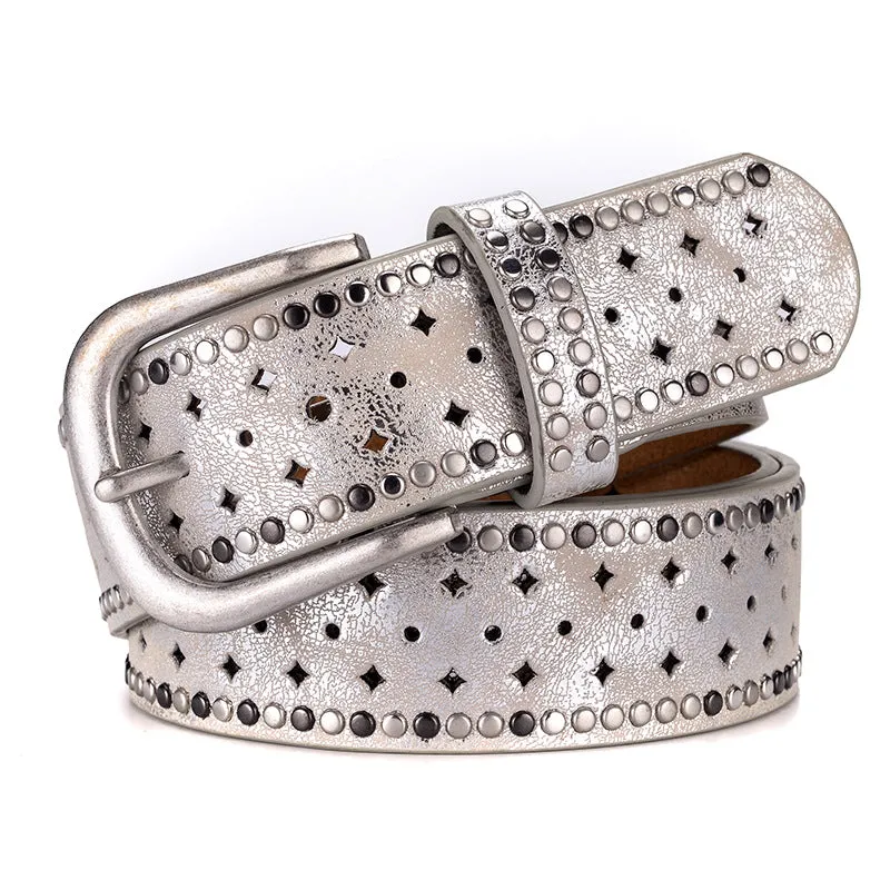 Nail Inlaid Alloy Pin Buckle Pink Belt Fashion Casual with Jeans