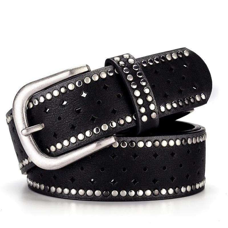 Nail Inlaid Alloy Pin Buckle Pink Belt Fashion Casual with Jeans