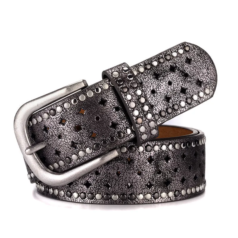 Nail Inlaid Alloy Pin Buckle Pink Belt Fashion Casual with Jeans