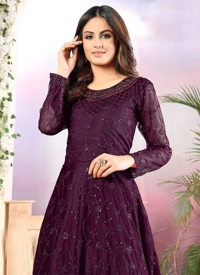 Net Plum Purple A Line Embroidered Anarkali Suit