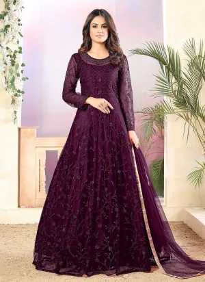 Net Plum Purple A Line Embroidered Anarkali Suit