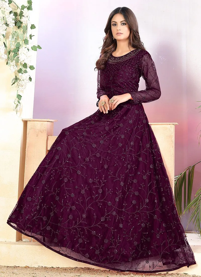Net Plum Purple A Line Embroidered Anarkali Suit