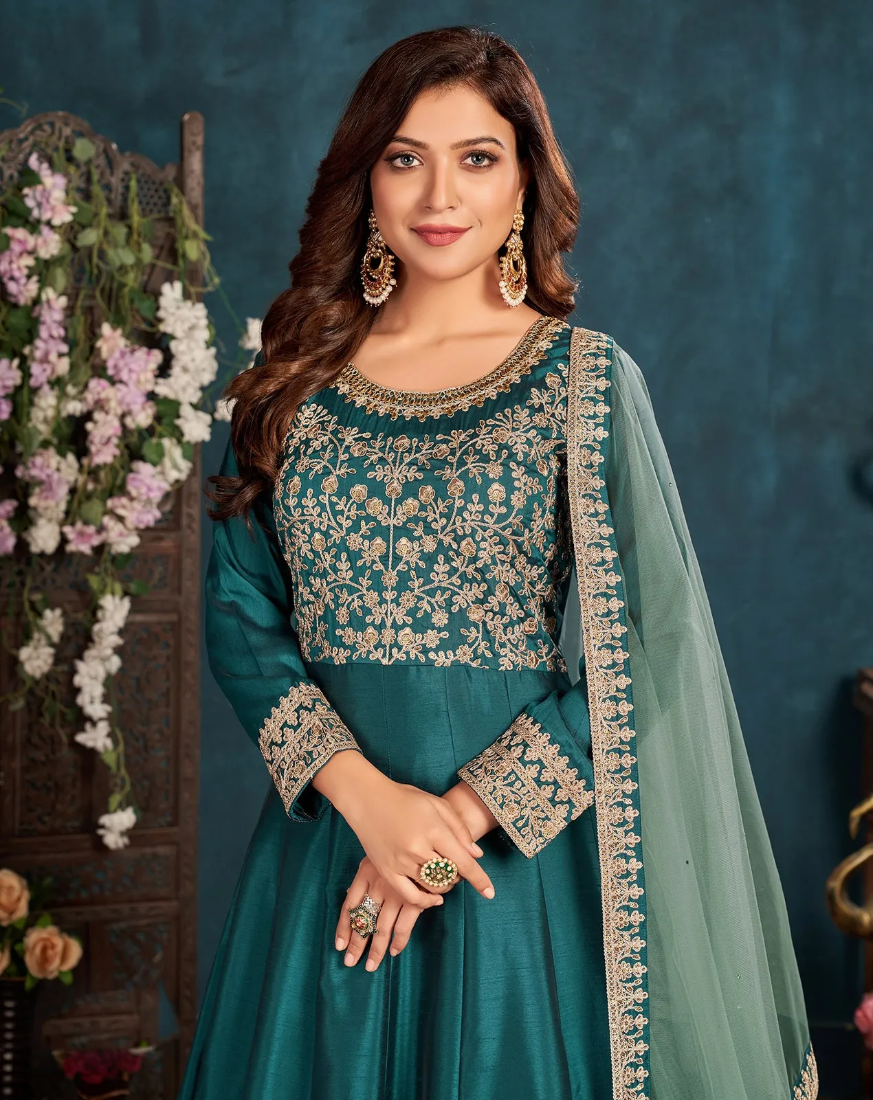 Ocean Blue Wedding Art Silk Embroidered Anarkali Suit