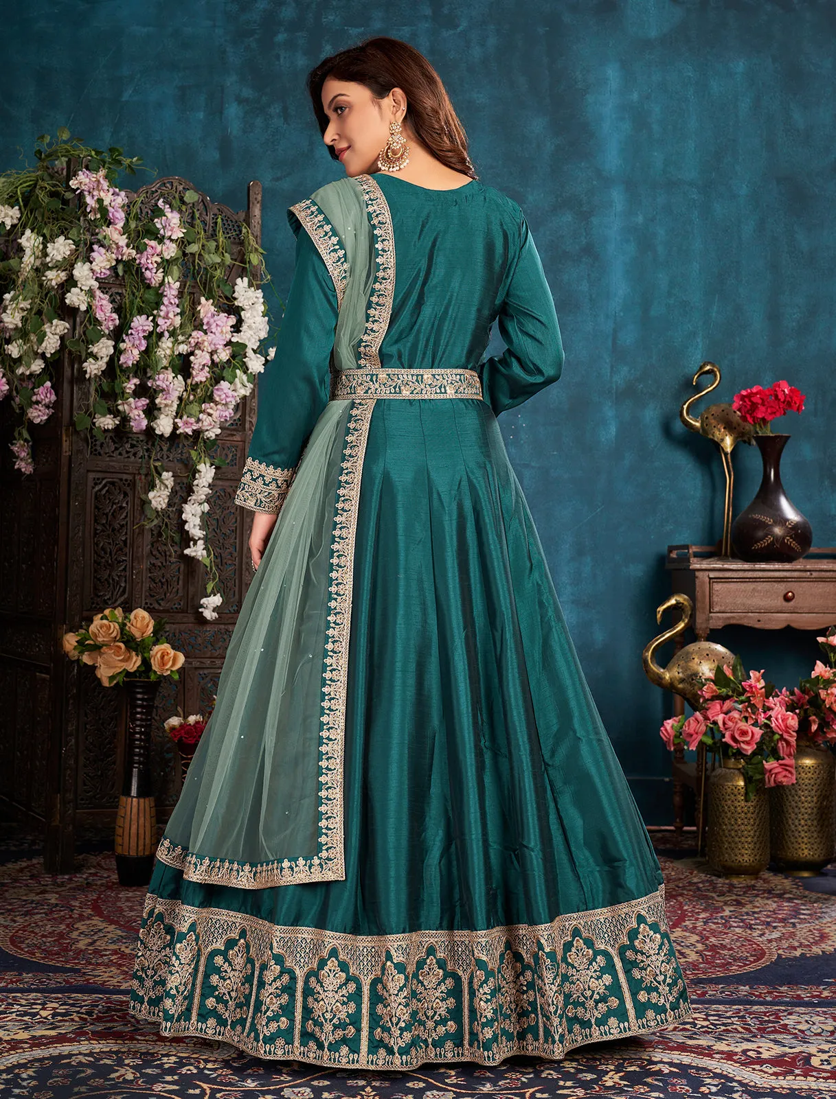 Ocean Blue Wedding Art Silk Embroidered Anarkali Suit