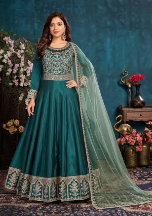 Ocean Blue Wedding Art Silk Embroidered Anarkali Suit