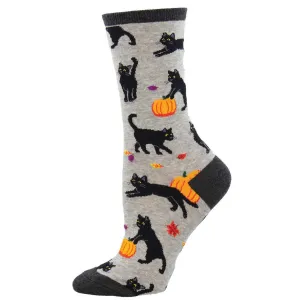 OOS_Women's Black Cat Halloween Crew (Light Gray Heather)