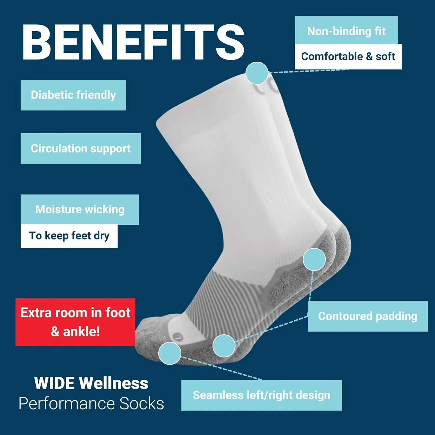 OS1st WP4 Wide Wellness Performance Socks for diabetics, sensitive feet, circulation and foot pain or numbness