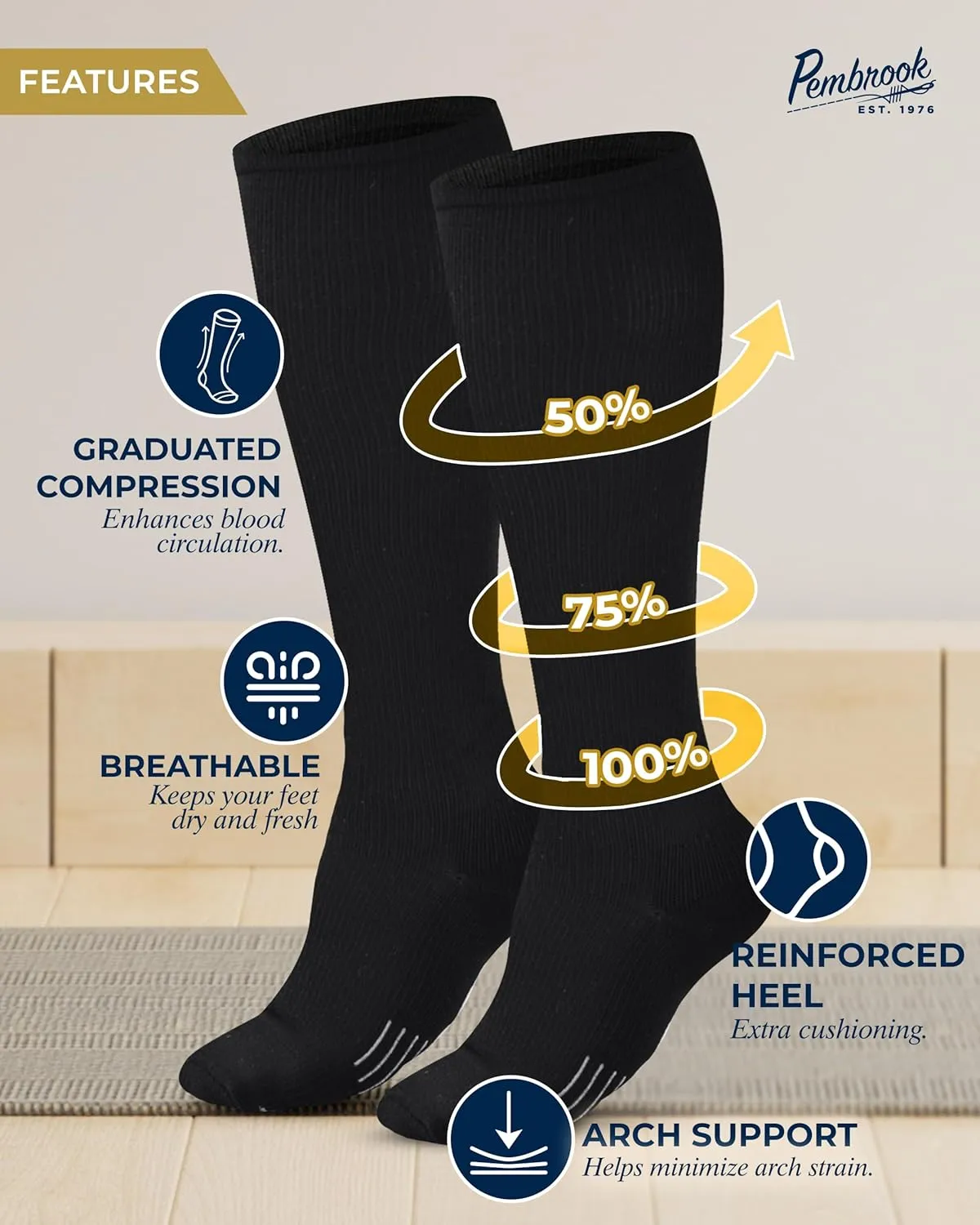 Pembrook Light Compression Socks for Women & Men - 3 Pairs | Compression Socks for Men 9-12 | Travel, Flying, Pregnancy