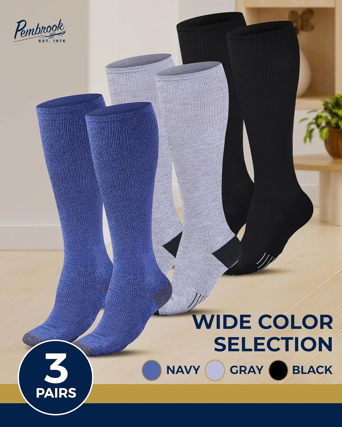 Pembrook Light Compression Socks for Women & Men - 3 Pairs | Compression Socks for Men 9-12 | Travel, Flying, Pregnancy