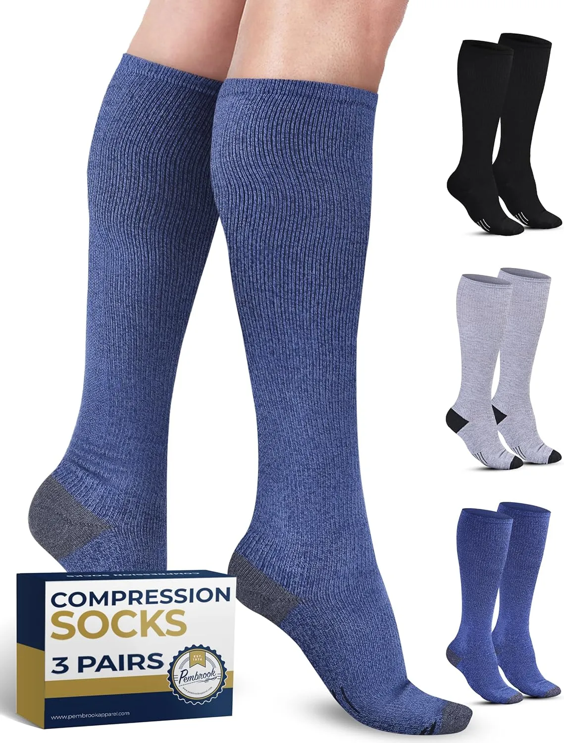 Pembrook Light Compression Socks for Women & Men - 3 Pairs | Compression Socks for Men 9-12 | Travel, Flying, Pregnancy