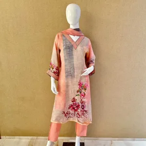 Premium Suit Set With Dupatta (Top-Muslin, Bottom-Satun, Dupatta-Siffon) Peach Thread Lace Embroidery Fabric