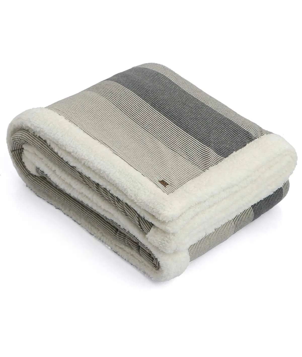 Regular Stripe Black Grey Cotton Knitted Double Bed Blanket layered with Warm Sherpa