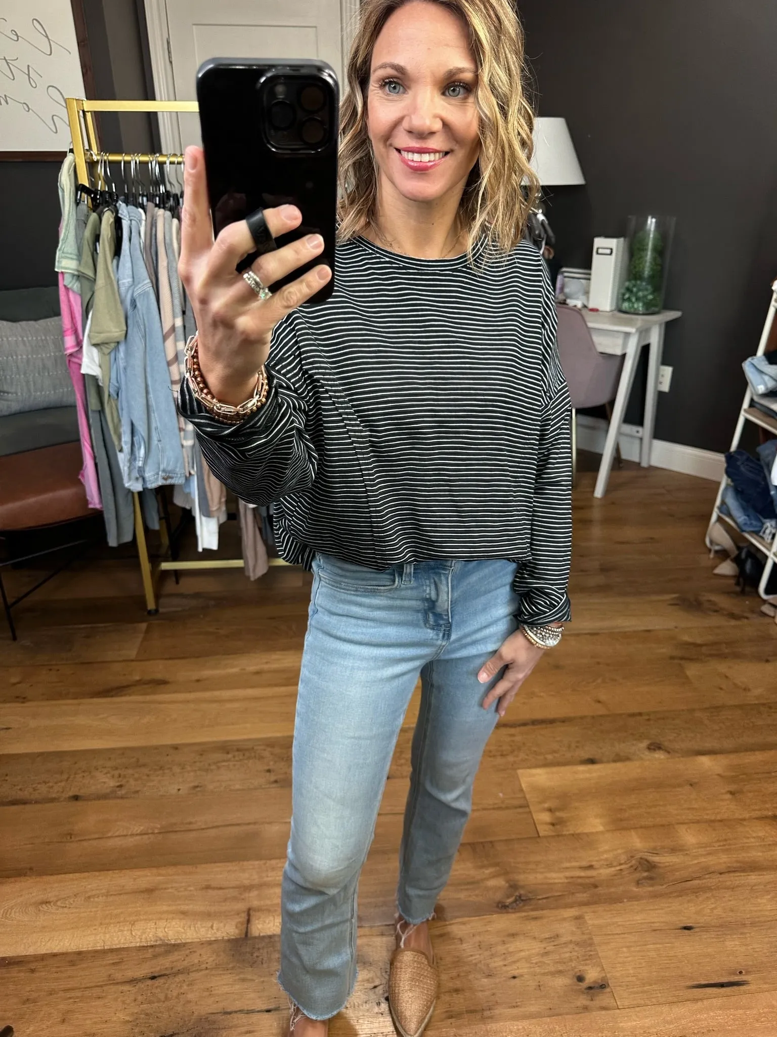 Right Appearance Striped Long Sleeve Top - Black