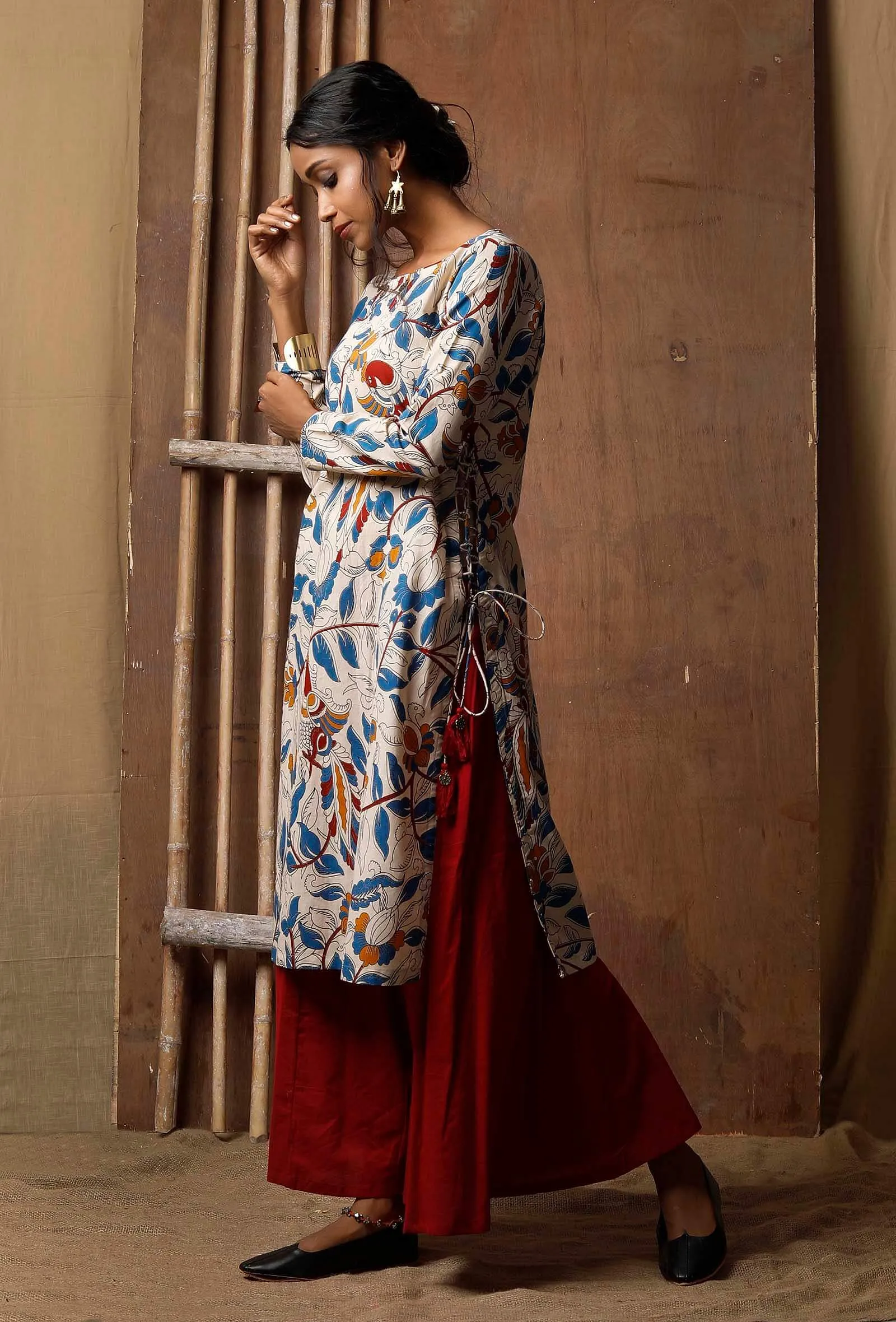 Set Of 2: Kalamkari Kurta With Red Palazzos