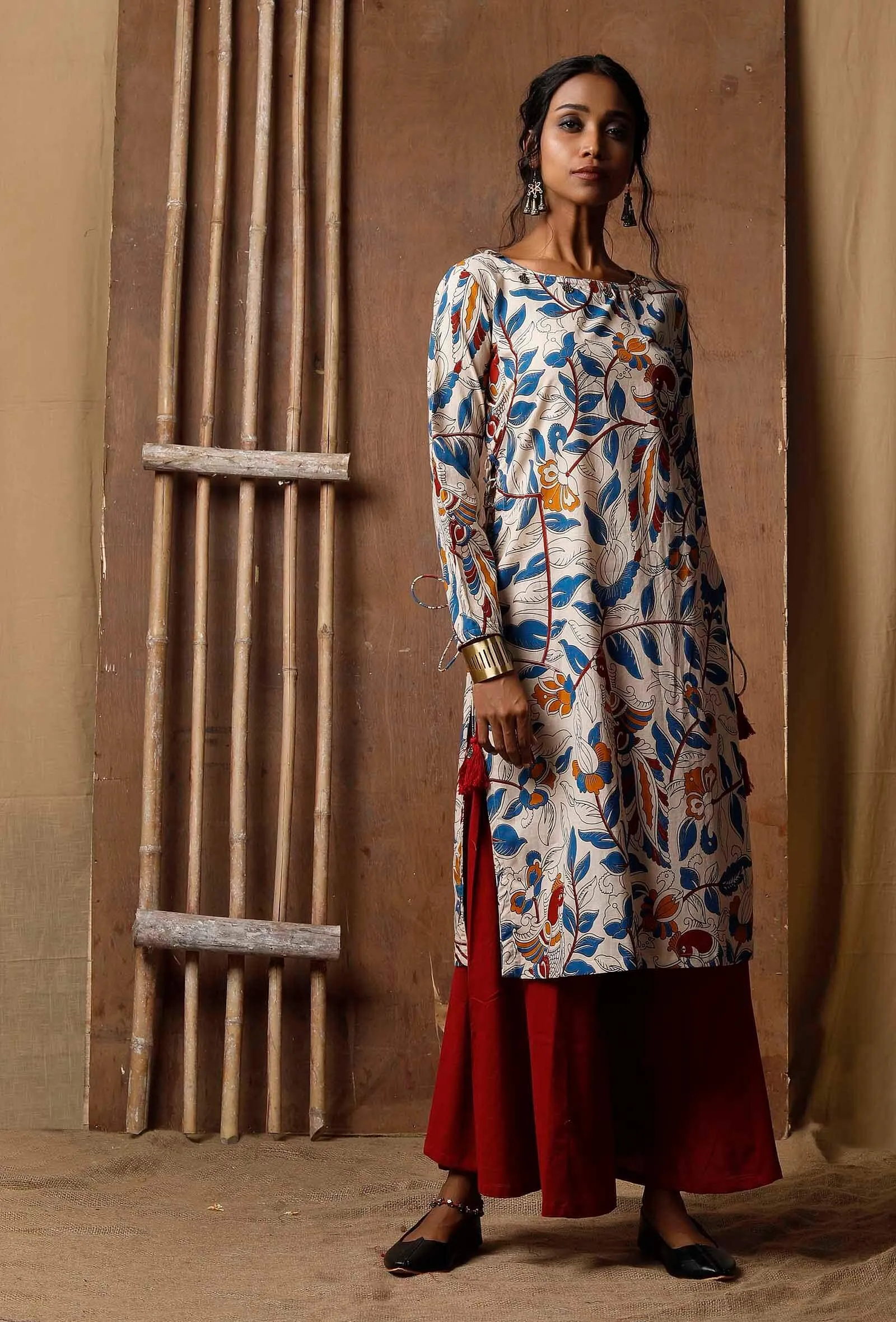 Set Of 2: Kalamkari Kurta With Red Palazzos