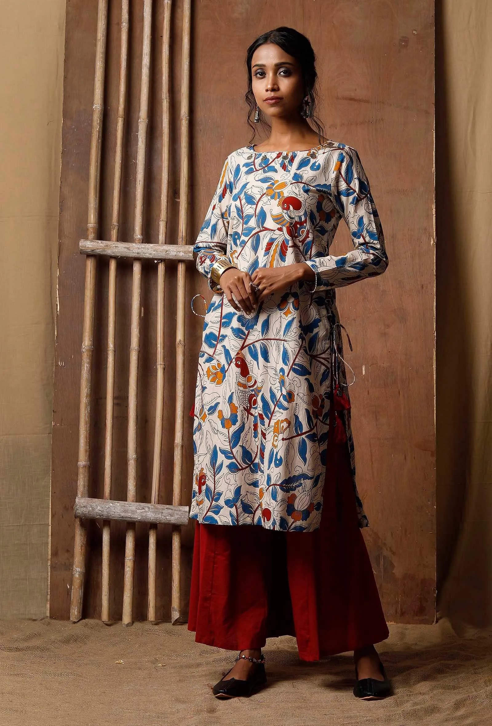 Set Of 2: Kalamkari Kurta With Red Palazzos
