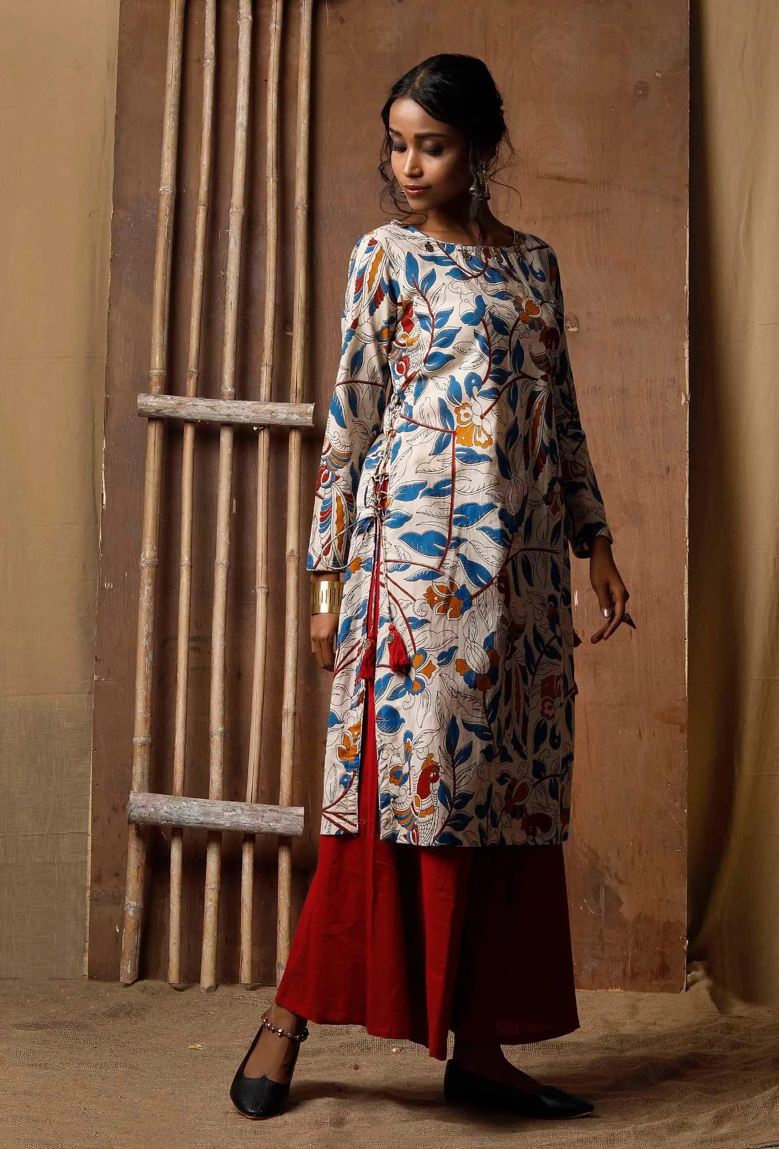 Set Of 2: Kalamkari Kurta With Red Palazzos