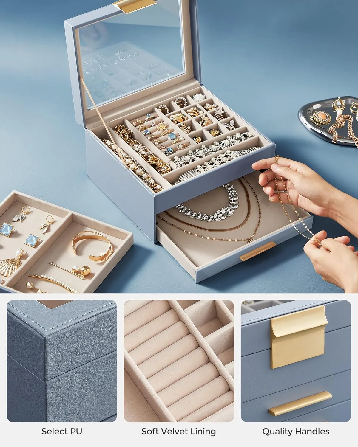 SONGMICS Jewelry Box Organizer with Glass Lid, 3-Layer Jewelry Storage, with 2 Drawers, Modern Style, 8 x 9.1 x 5.3 Inches, Smoky Blue and Gold Color UJBC239Q01