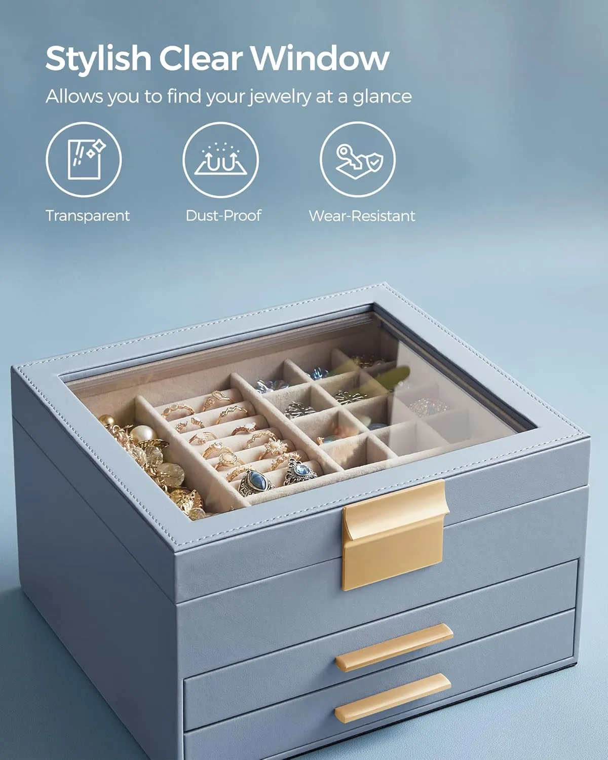 SONGMICS Jewelry Box Organizer with Glass Lid, 3-Layer Jewelry Storage, with 2 Drawers, Modern Style, 8 x 9.1 x 5.3 Inches, Smoky Blue and Gold Color UJBC239Q01