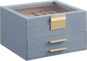 SONGMICS Jewelry Box Organizer with Glass Lid, 3-Layer Jewelry Storage, with 2 Drawers, Modern Style, 8 x 9.1 x 5.3 Inches, Smoky Blue and Gold Color UJBC239Q01