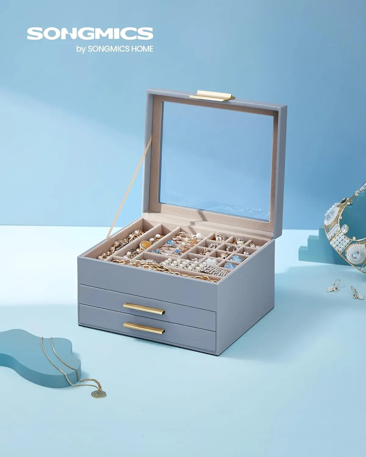 SONGMICS Jewelry Box Organizer with Glass Lid, 3-Layer Jewelry Storage, with 2 Drawers, Modern Style, 8 x 9.1 x 5.3 Inches, Smoky Blue and Gold Color UJBC239Q01