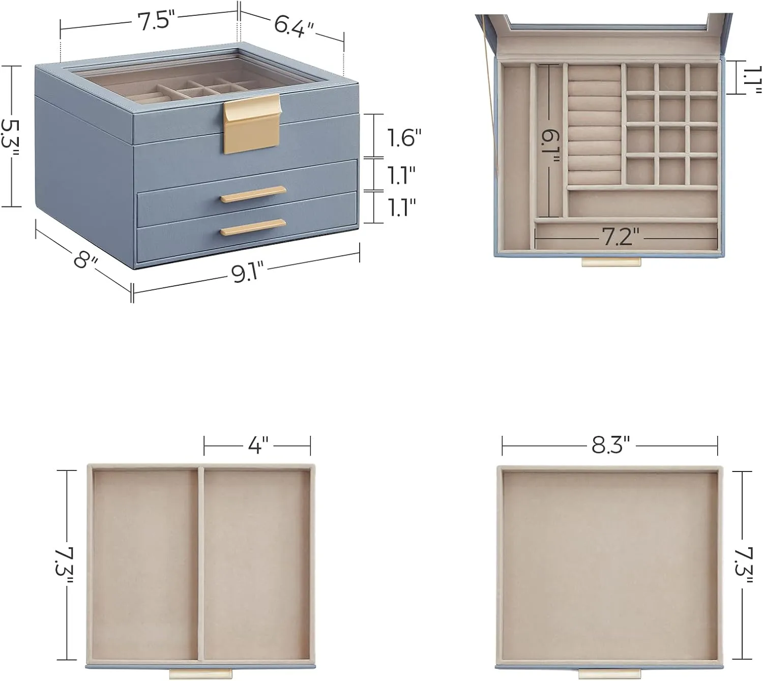 SONGMICS Jewelry Box Organizer with Glass Lid, 3-Layer Jewelry Storage, with 2 Drawers, Modern Style, 8 x 9.1 x 5.3 Inches, Smoky Blue and Gold Color UJBC239Q01