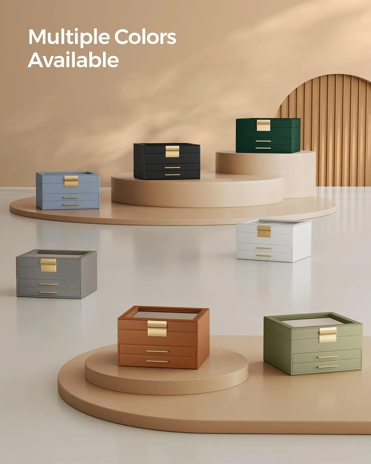 SONGMICS Jewelry Box Organizer with Glass Lid, 3-Layer Jewelry Storage, with 2 Drawers, Modern Style, 8 x 9.1 x 5.3 Inches, Smoky Blue and Gold Color UJBC239Q01