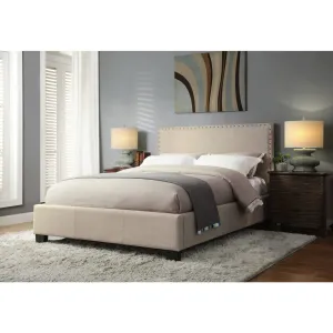 Tavel Nailhead Upholstered Platform Bed in Toast Linen