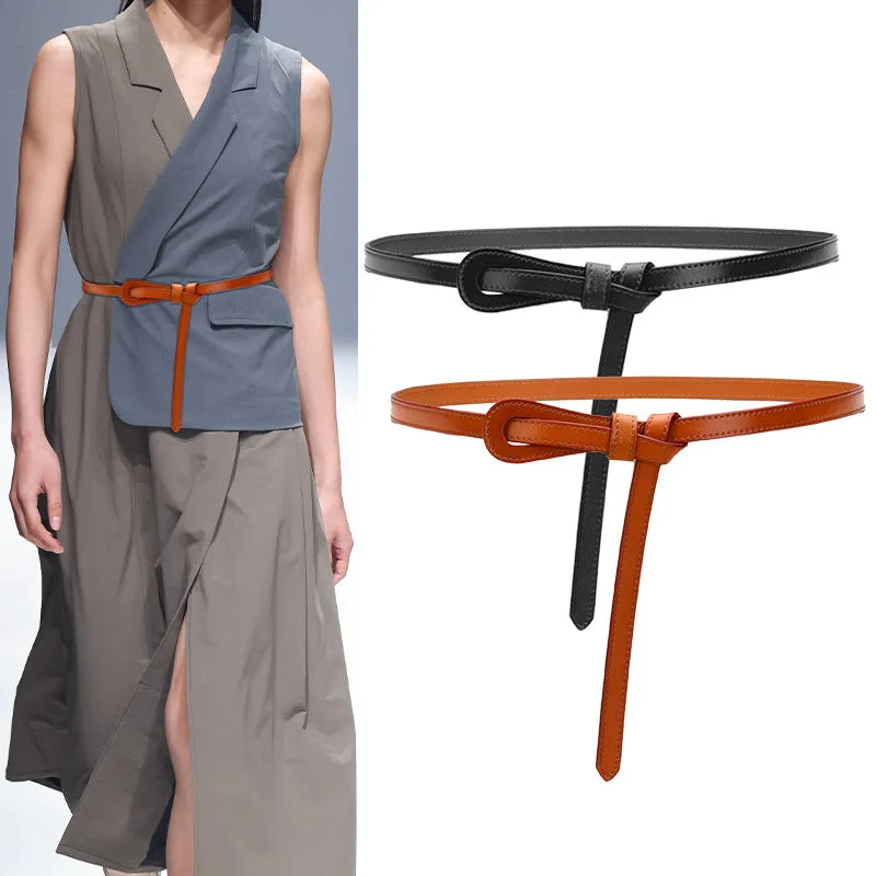 Thin Belt Non-Hole Design Decorative Band Waist Seal Dress Versatile Two-Layer Leather Women's Leather Belt