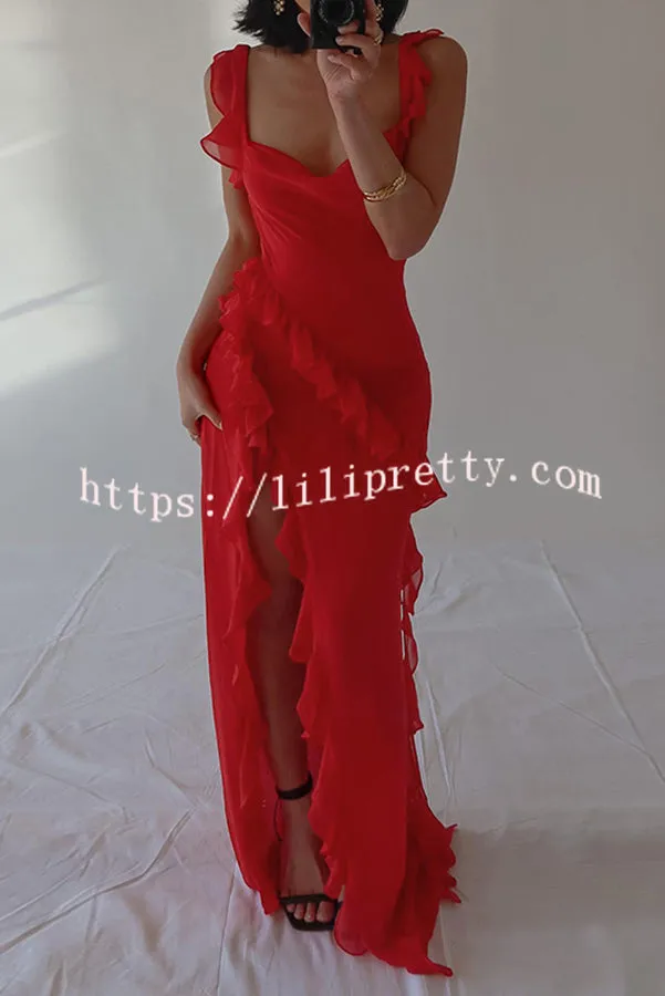 Ultra-sexy Silhouette Ruffle High Slit Lightweight Maxi Dress
