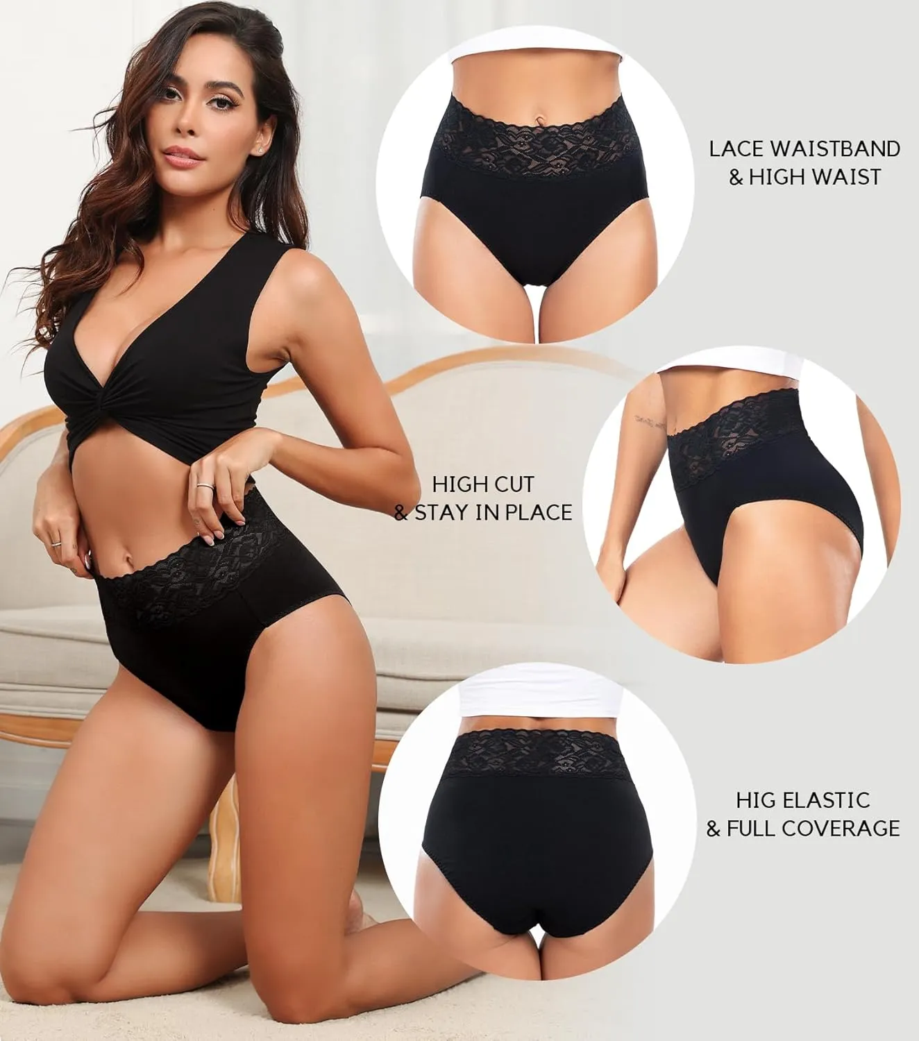 Wealurre Womens Underwear Cotton Bikini Panties for Women High Waisted Lace Hipster Stretch Briefs for Ladies 5 Pack