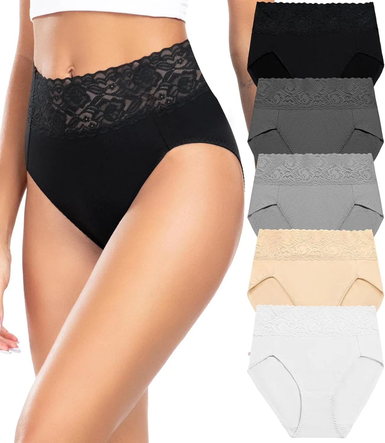 Wealurre Womens Underwear Cotton Bikini Panties for Women High Waisted Lace Hipster Stretch Briefs for Ladies 5 Pack