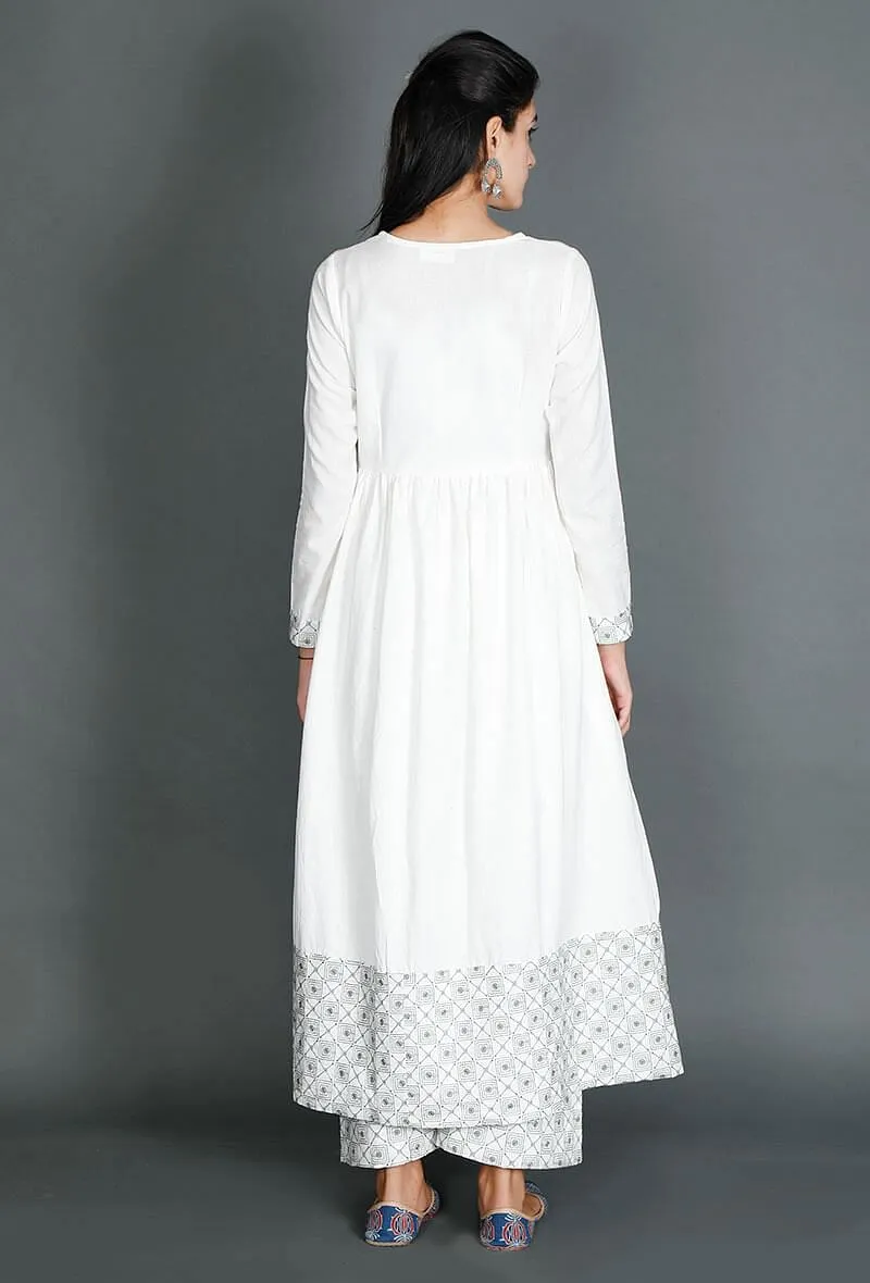 White Anarkali With Beautiful Kantha Border