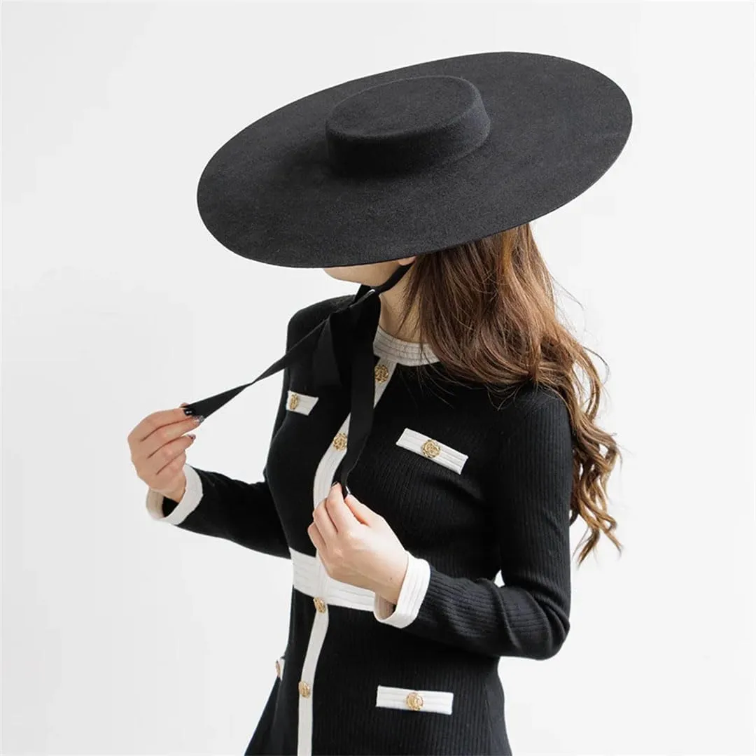 Women's Classic Wool Fedora Hat Large Brim Shallow Top Soft Casual Party Flat Top Hat