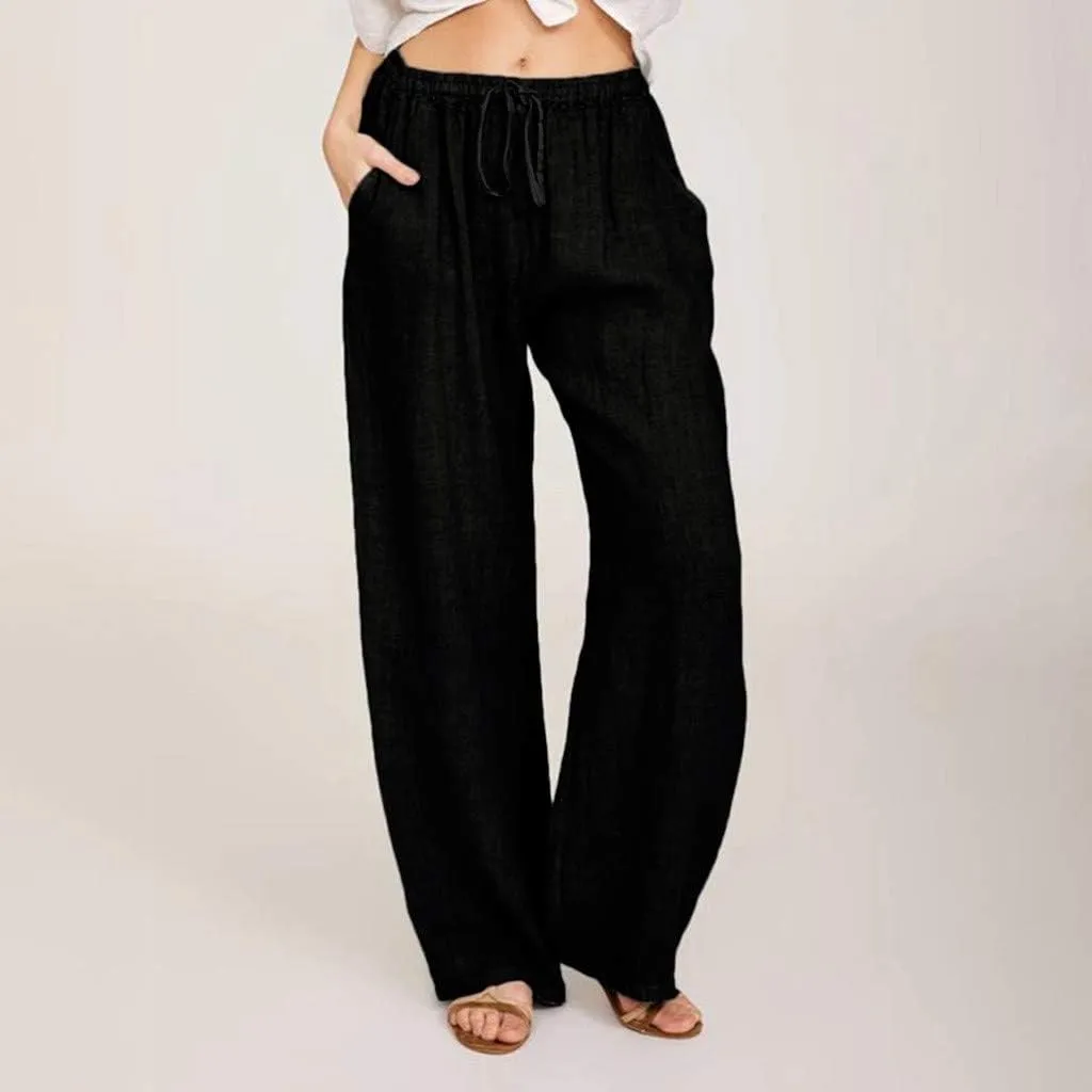 Women's Cotton Linen Pants Summer Casual Wide Leg Pant Loose Drawstring High Waist Palazzo Trousers with Pockets